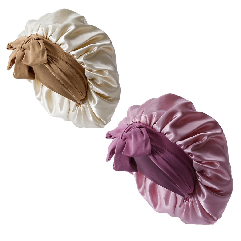 [Estoque pronto] Touca de dormir de cetim de camada dupla, touca redonda com laço, simulação de seda, beleza, touca de c