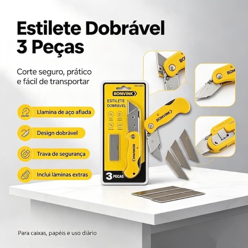 Bomvink Estilete Dobrável Alta Segurança – Lâminas Extras – Dobrável com Trava