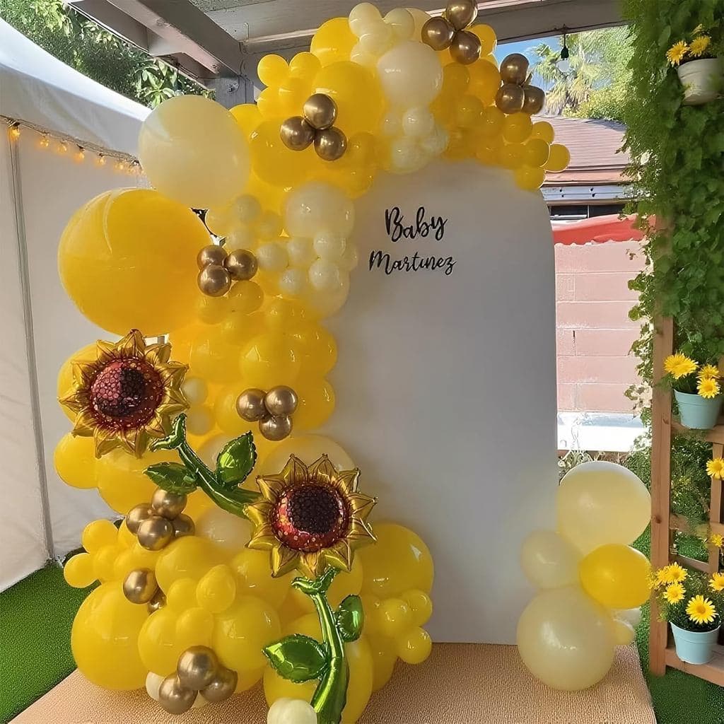Kit de Arco de Balões de Girassol 140 Peças - Balões de Látex e Metalizados em Amarelo Limão, Amarelo Maca e Dourado Met