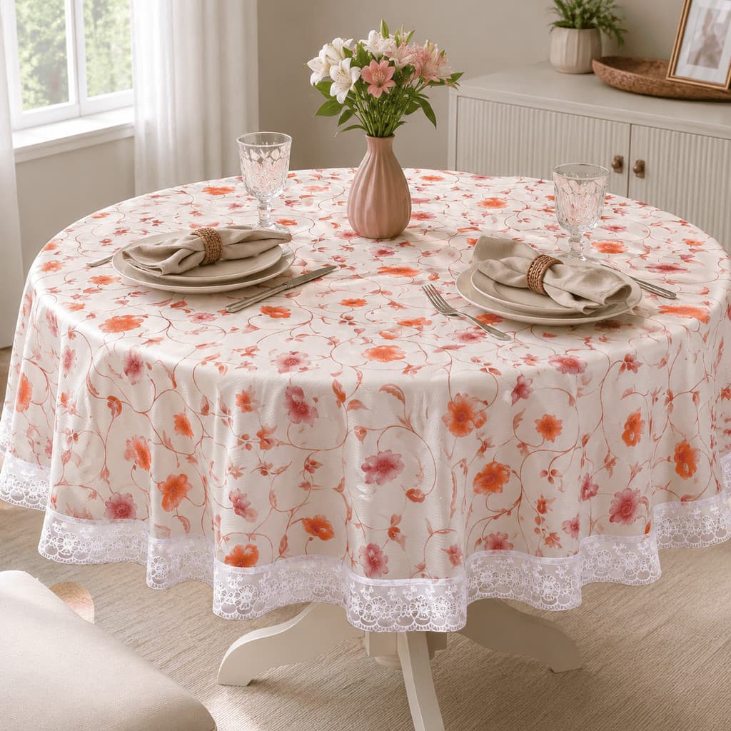 Toalha de Mesa Redonda PEVA Impermeável com Renda 1,80m Floral Rosas Pronta Plástica Cozinha Sala Jantar