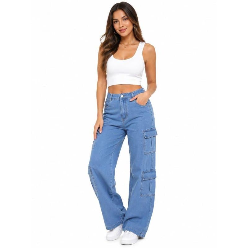 Calça Jeans Feminina Cargo 4 Bolsos Wide Leg