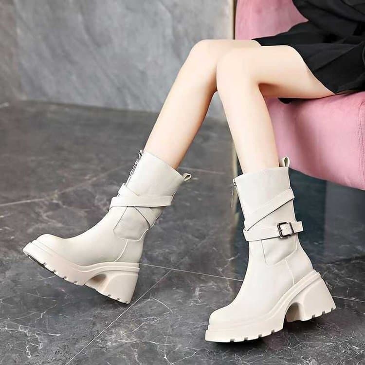 Botas Martin femininas de veludo com sola grossa, botas de cavaleiro de cano médio com fivela de cinto, botas curtas fem