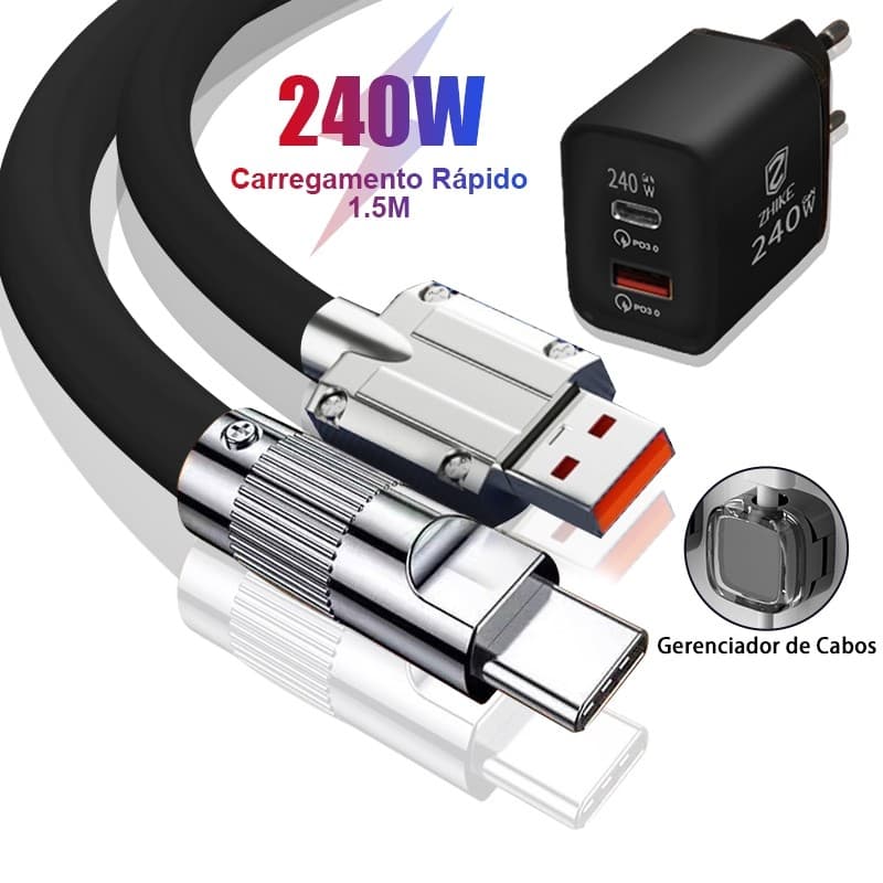 Carregador Celular Kit 240W ZHIKE Cabo USB Carregamento Rápido Para Tipo C GaN Adaptador Power Delivery Carga Turbo 1,5M