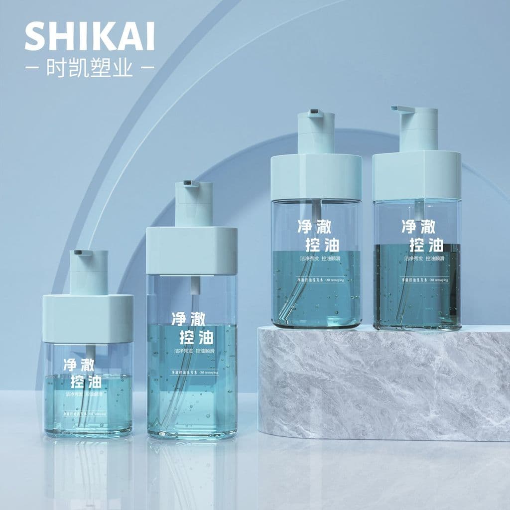 Em estoque: frasco de gel de banho azul transparente de parede grossa de 300ml e 500ml, frasco de shampoo PET com bomba,