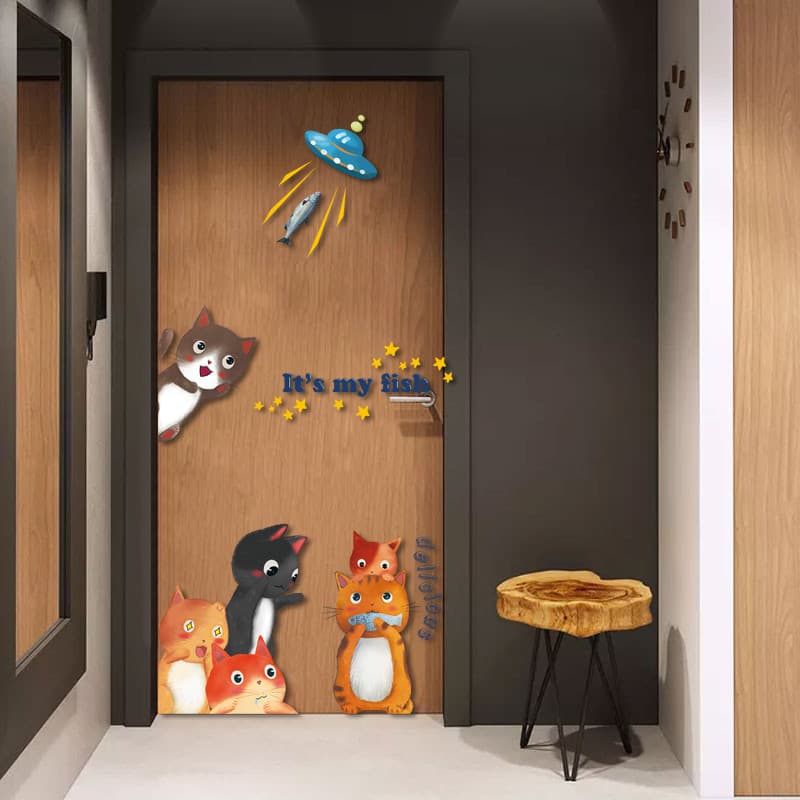 Adesivos de porta de gato dos desenhos animados adesivos de parede quarto papel de parede quente auto-adesivo sala de es