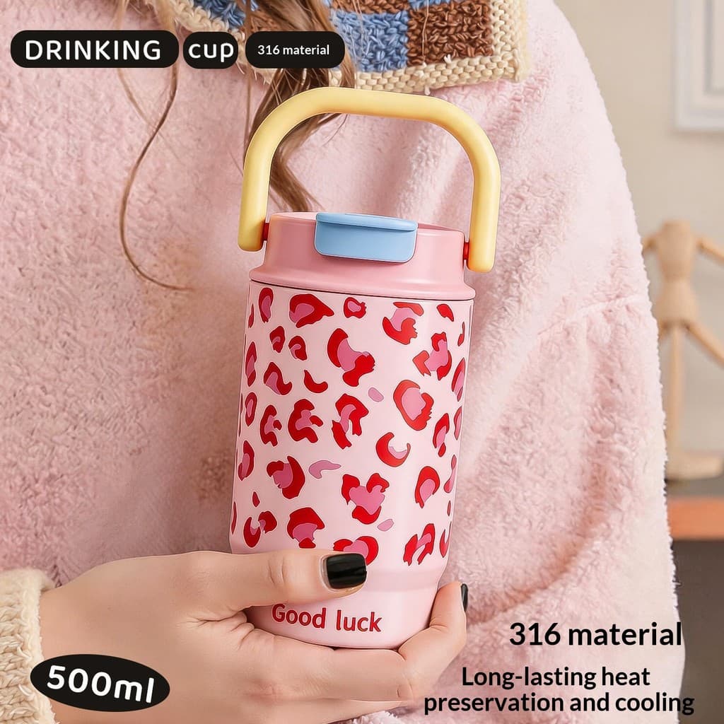 Copo térmico duplo com estampa de leopardo, copo térmico de aço inoxidável 316, copo de café feminino de alto valor com