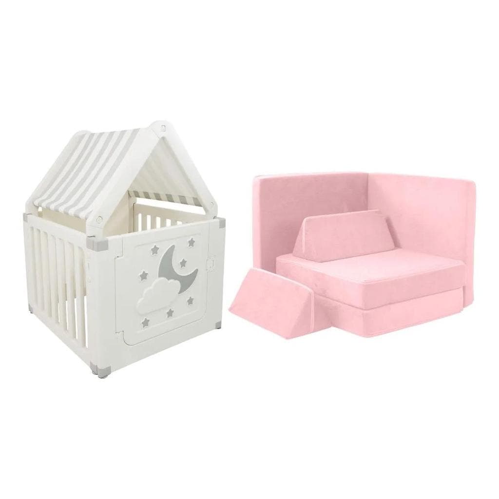 Kit Casinha Infantil E Sofá De Brincar Para Crianças Freso Cinza E Rosa Lúdico