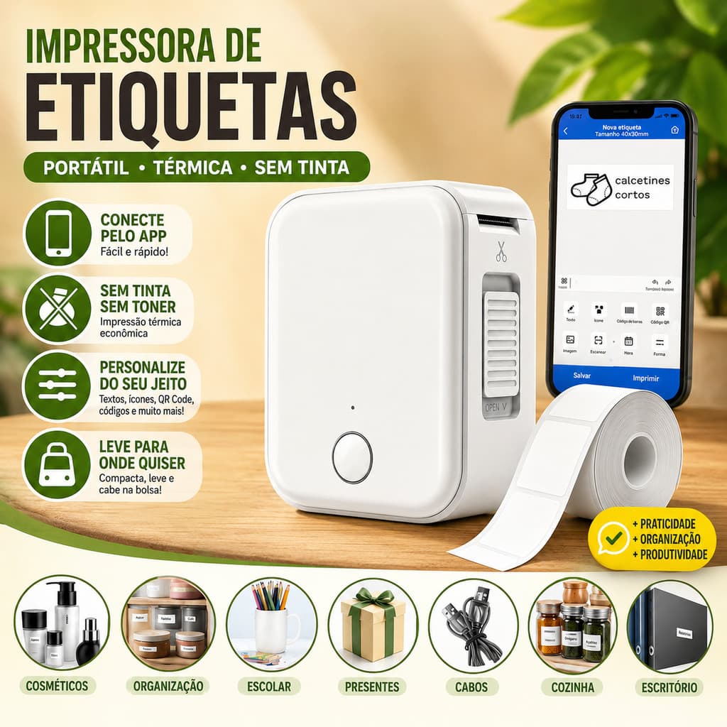 Impressora De Etiquetas Inteligente Térmica Bluetooth Sem Tinta iOS Android Com Bobina Adesiva Código Barras Preço Envio