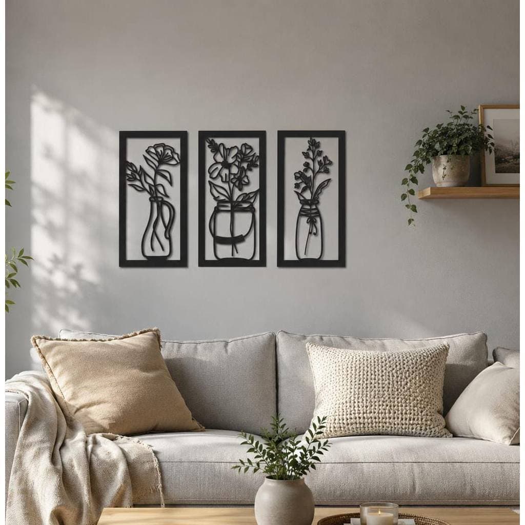 Kit 3 Quadros Decorativos Flores Delicadas em mdf Preto Fosco envio rápido