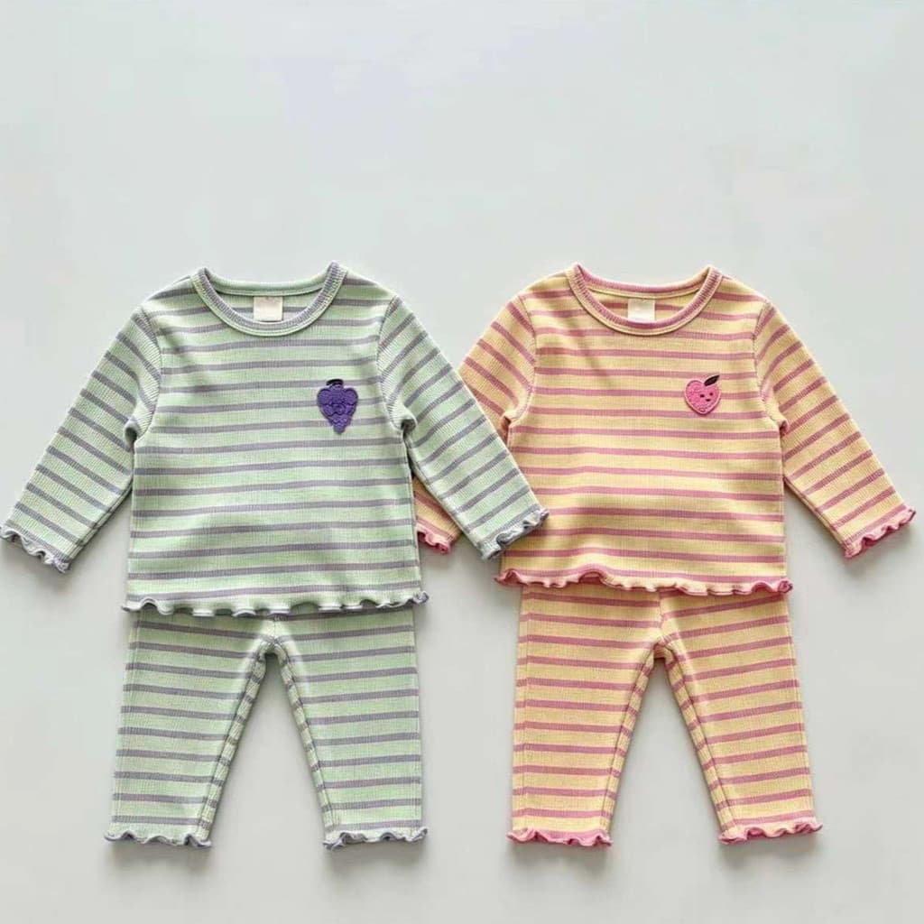 Primavera outono novo estilo bebê listrado fungo borda conjunto de duas peças em torno do pescoço manga longa uva pêsseg