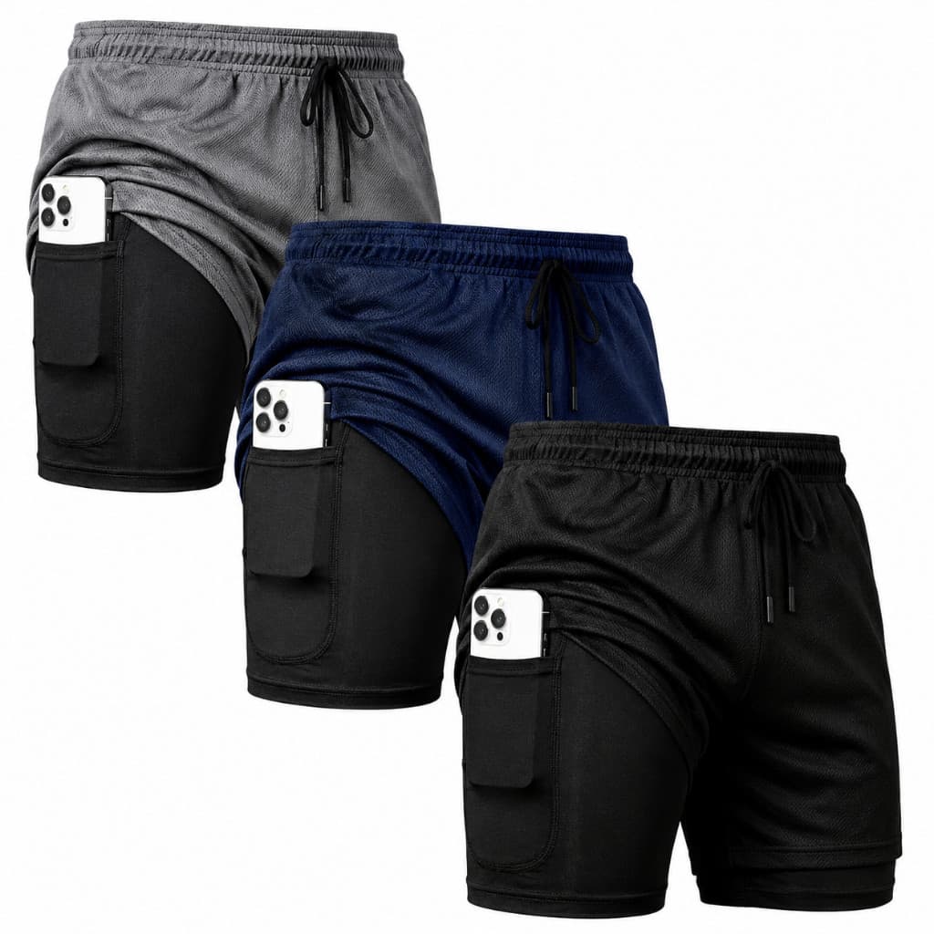 Kit 3 Shorts Masculino 2 em 1 Dry Fit Academia Corrida Bolso Celular Interno Compressão Bermuda Dupla Premium Ciclista
