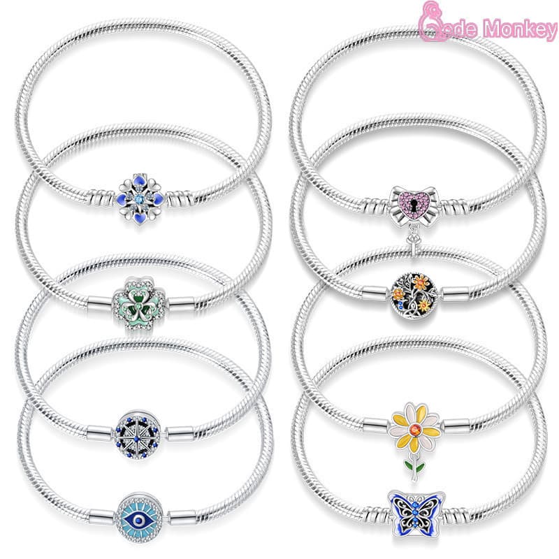 Pulseira Original 17-20cm em Prata Esterlina S925 com Borboleta, Trevo de Quatro Folhas, Olho Mágico, Presente de Aniver