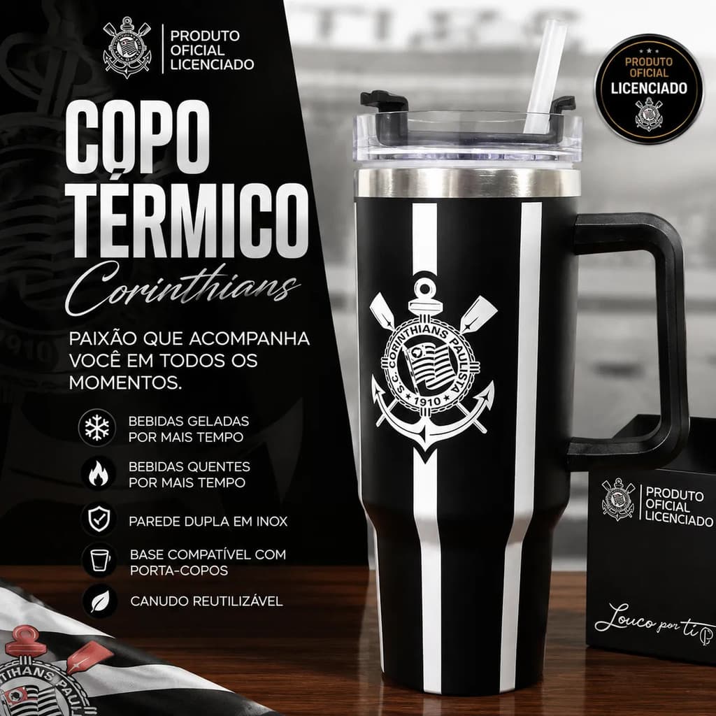 Caneca Térmica Corinthians Oficial Tampa E Canudo 1200ml