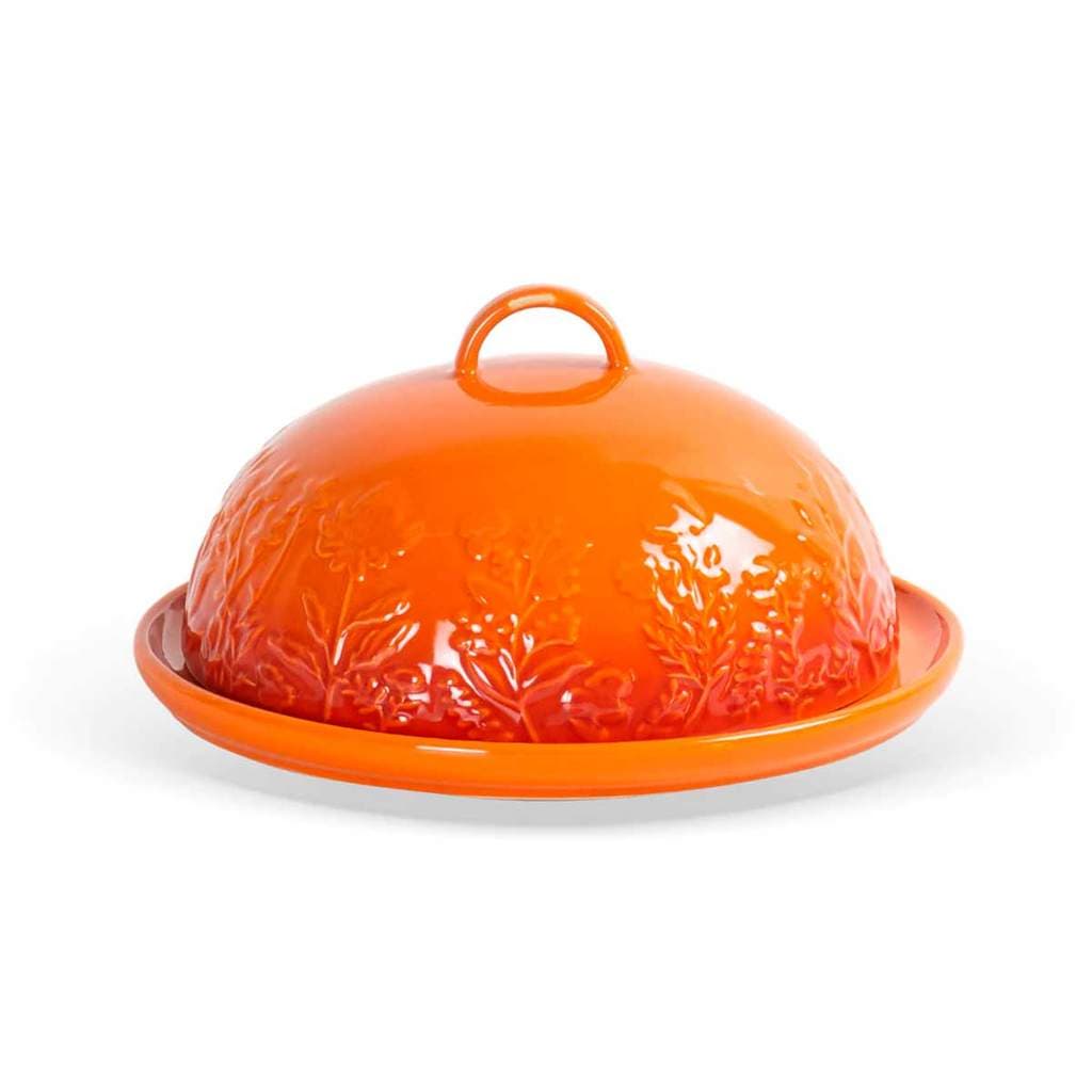 Queijeira Cerâmica Laranja Relevo Floral com Tampa 20cm BTC