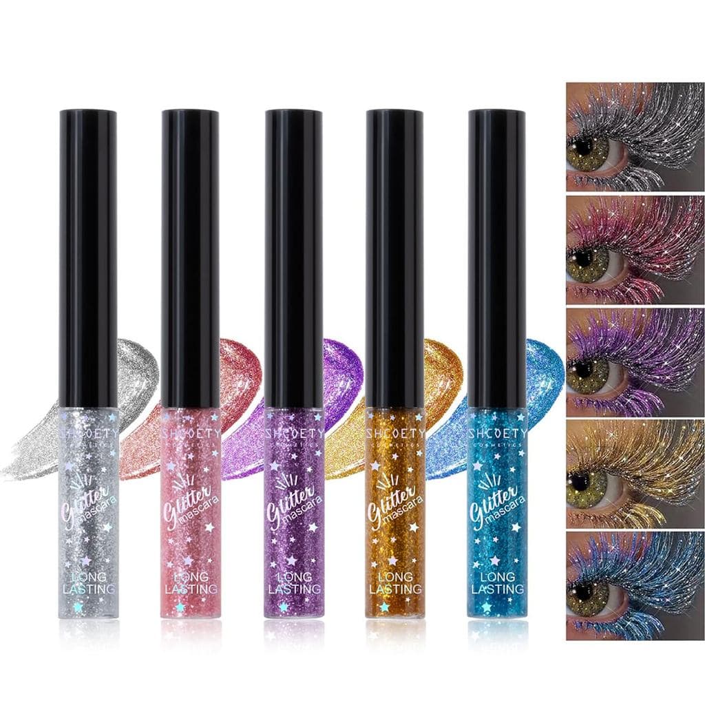 Conjunto de 5 Máscaras para Cílios com Glitter, Brilho Encantador e Colorido para Cílios |   Máscara de Cílios à Prova d