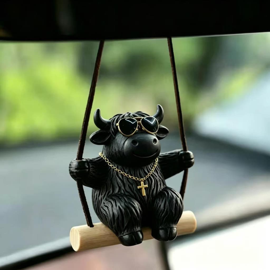 EM ESTOQUE Engraçado Pendente de Carro em Forma de Vaca Highland, Decoração de Interior de Carro, Aromatizador de Ar Fof