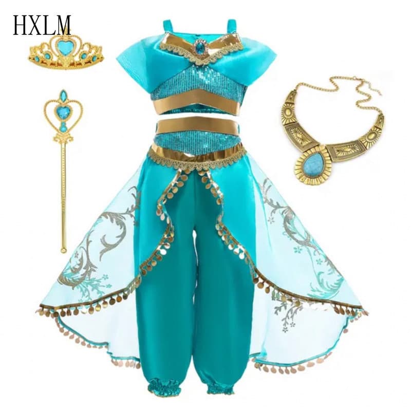 Vestido de Aniversário da Princesa Jasmine, Fantasia de Carnaval, Cosplay da Lâmpada Mágica de Aladdin, Conjunto de Fant