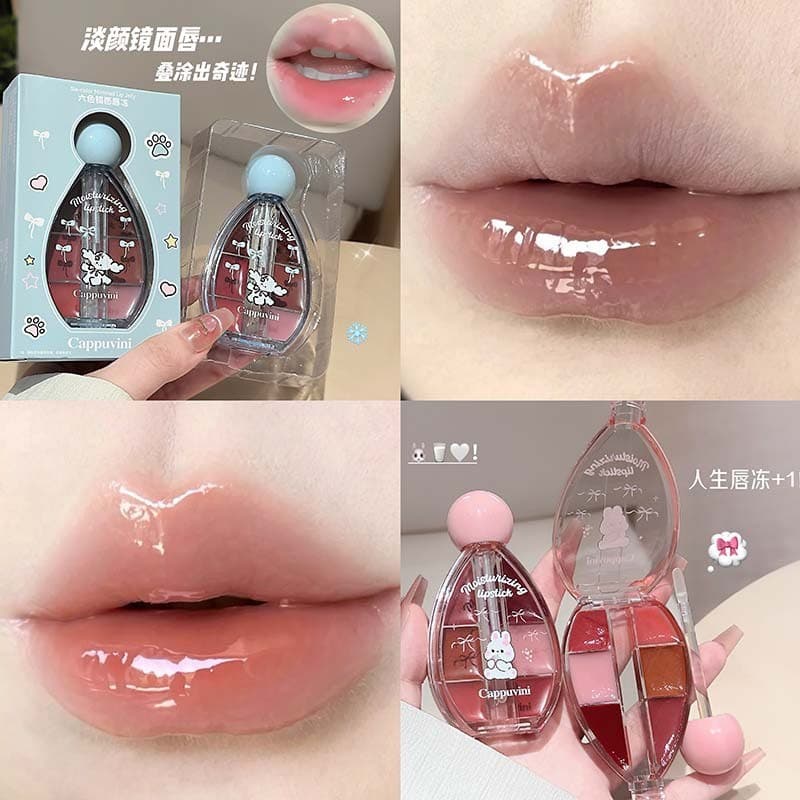 CAPPUVINI Gel Labial Espelhado de Seis Cores, Brilho Labial Efeito Vidro para Estudantes, Maquiagem com Efeito Brilho Aq