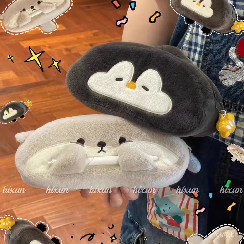 Estojo de Lápis de Pelúcia com Desenho de Pinguim e Lontra, Grande Capacidade, Caixa de Armazenamento de Lápis para Estu