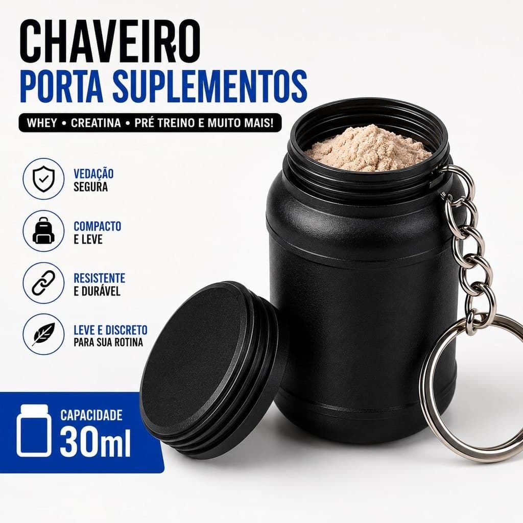 Chaveiro Porta Suplementos 30ml Porta Creatina Whey Pré Treino Pote Compacto para Academia