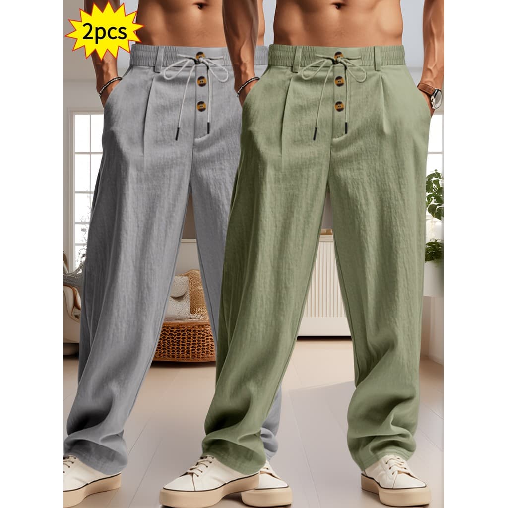 Conjunto de 2 peças de linho masculino cor sólida negócios britânicos casuais calças retas com cordão elástico cinto bot