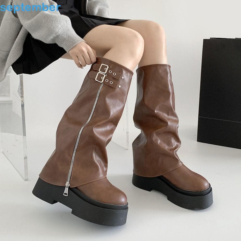 Setembrob Botas Femininas De Motociclista , Fivela De Cinto Y2K Punk Altas Até O Joelho , Novo Design Longas