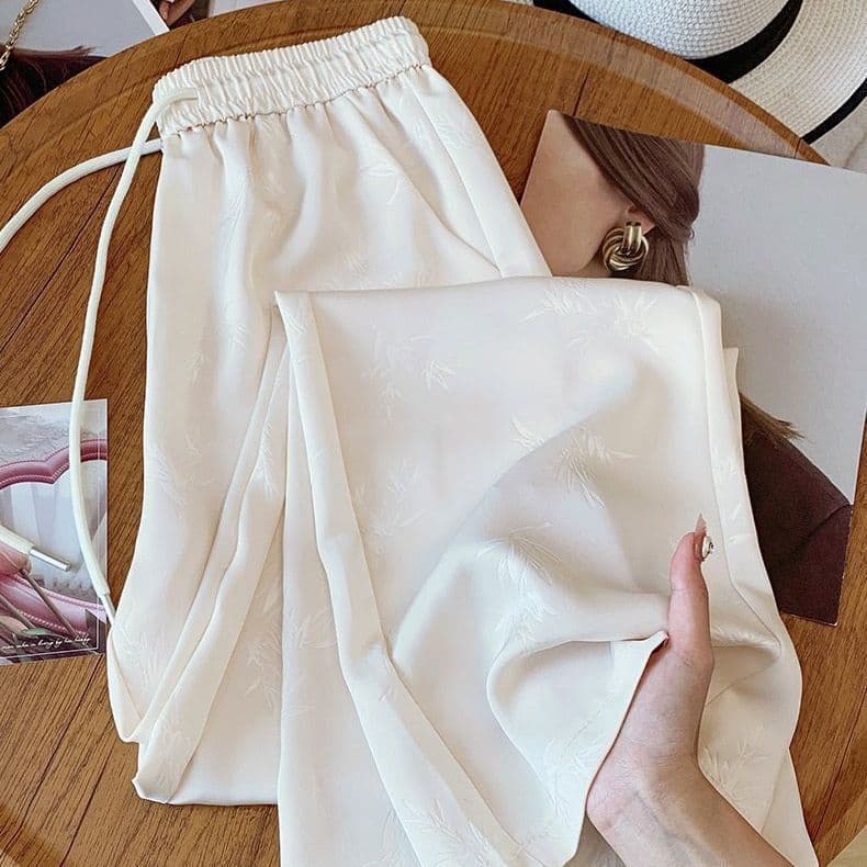 Fat MM tamanho grande novo estilo chinês Jacquard calças de perna larga mulheres finas cintura alta solta mais magro olh
