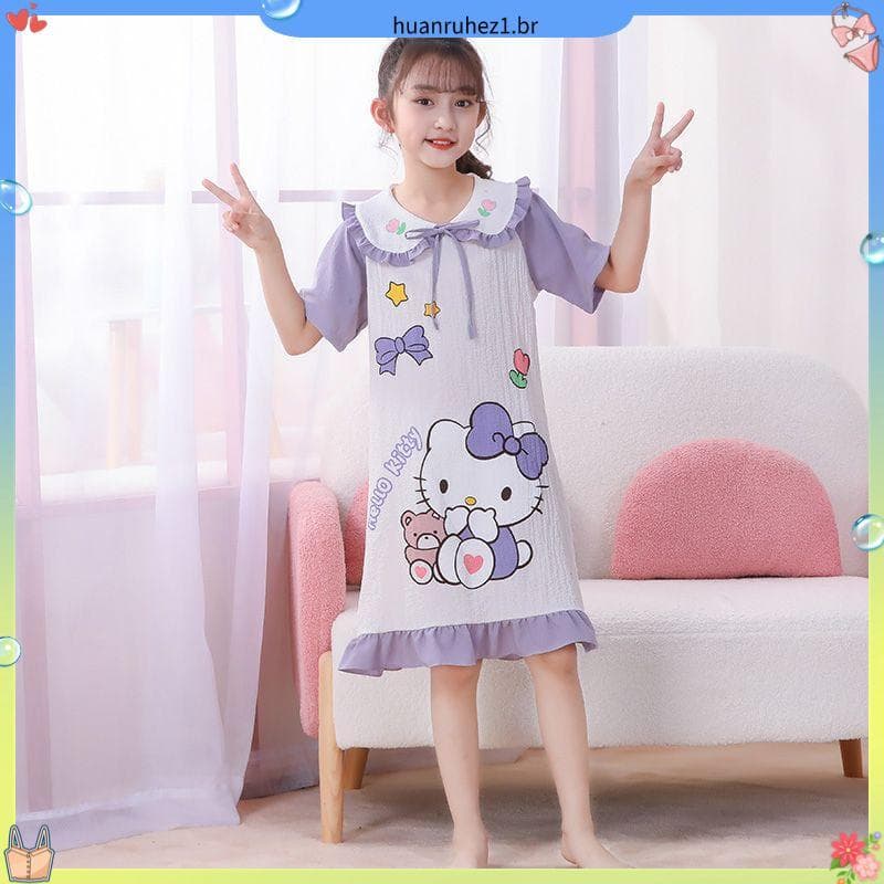 Primavera verão menina médio pequeno crianças dos desenhos animados Kuromi fino camisola de manga curta estilo princesa