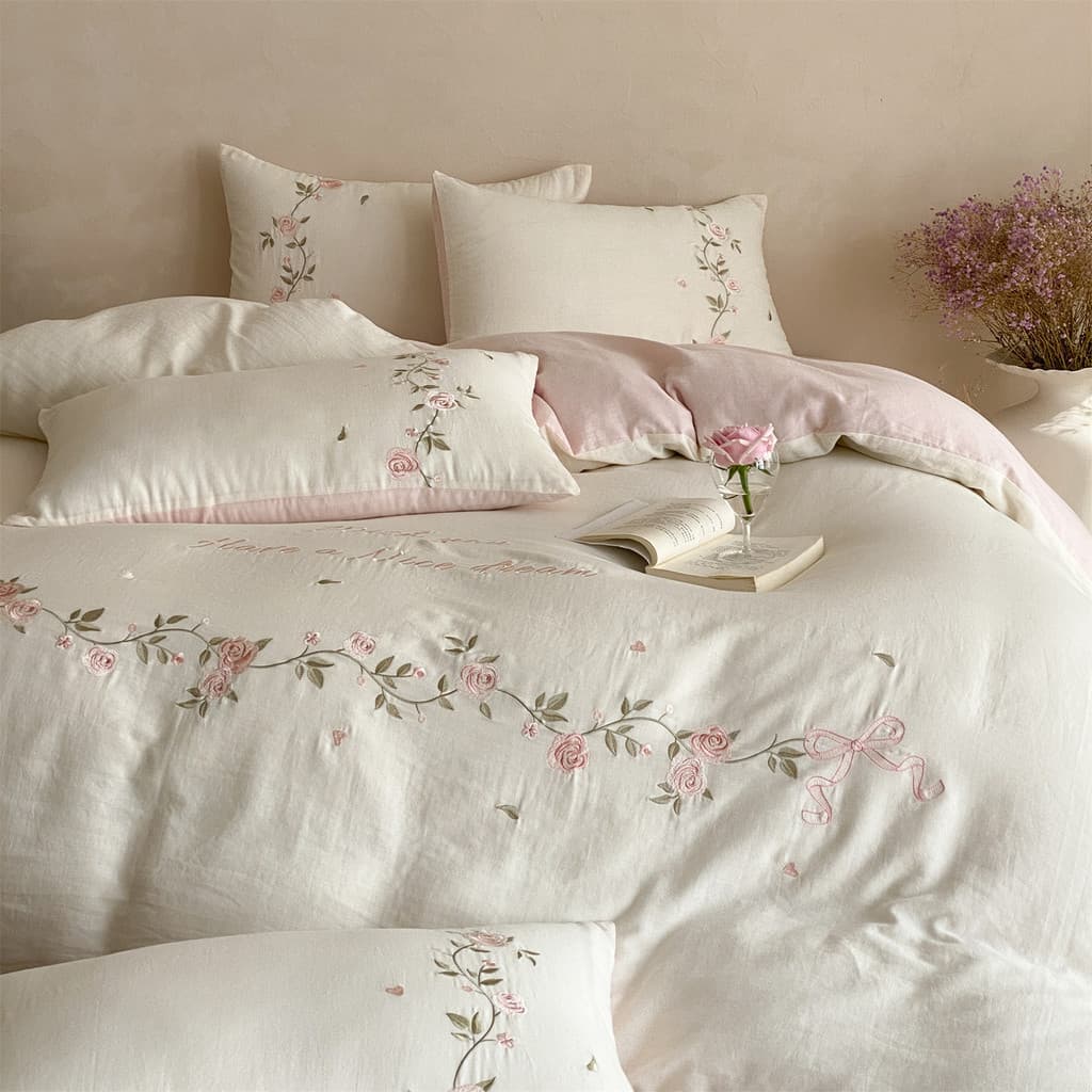 Francês rosa estilo feminino algodão dupla camada gaze conjunto de quatro peças puro algodão lençol colcha capa 1.5m1.8m