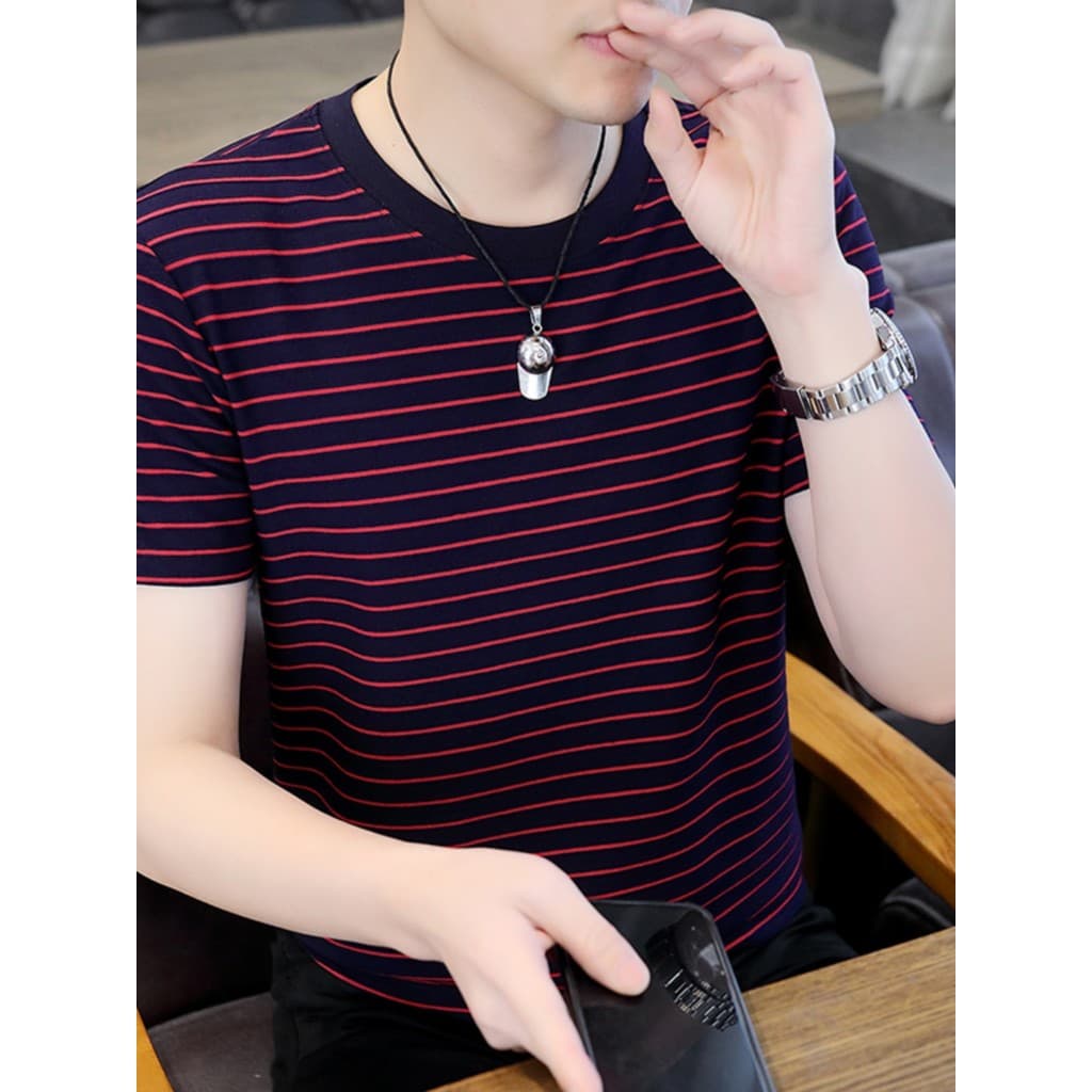 Camiseta listrada de manga curta masculina verão fino respirável gelo seda topo em torno do pescoço camiseta juventude C