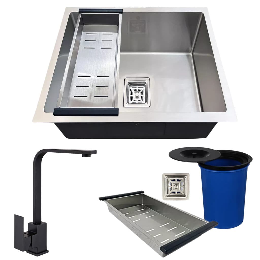 CUBA QUADRADA INOX 304 TORNEIRA MONOCOMANDO PRETA E LIXEIRA