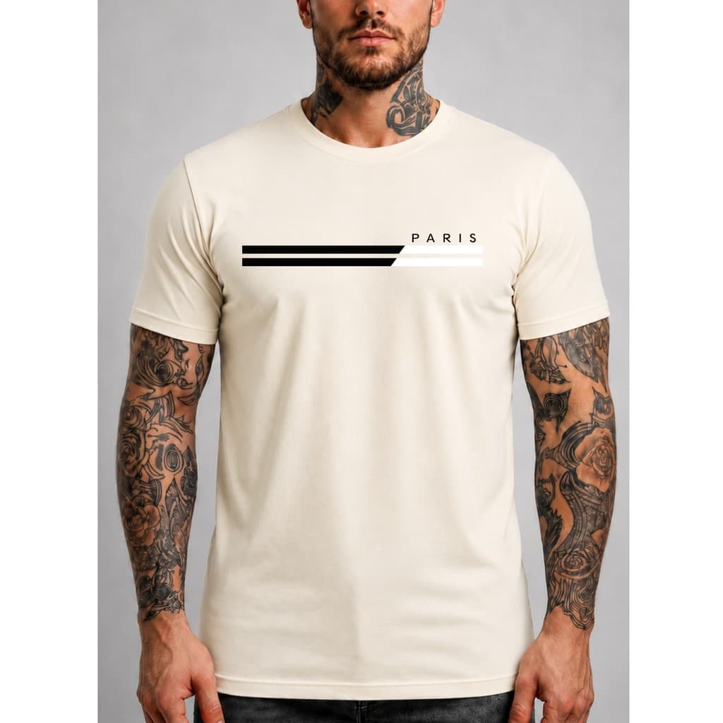 Camiseta Masculina Estampada Paris Slim Fit 100% Algodão Manga Curta Casual Confortável