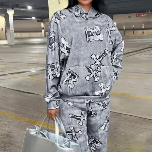 Amazon 2022 outono novo estilo imitação jeans estampado bolso moletom de manga comprida conjunto de 2 peças faça um pedi