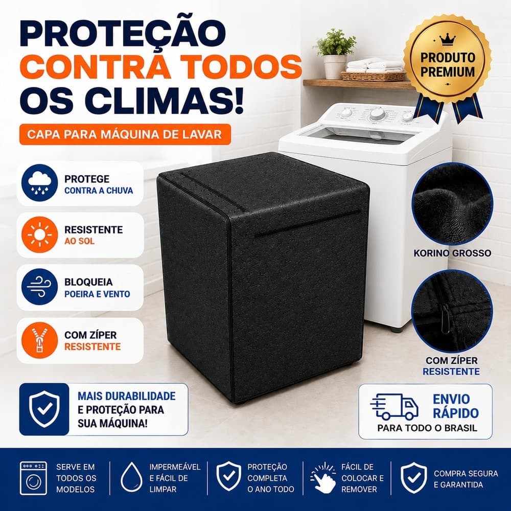 Capa Máquina Lavar Electrolux Brastemp Consul Panasonic Colormaq com Zíper 10, 11, 12, 13, 14, 15, 16 e 17kg