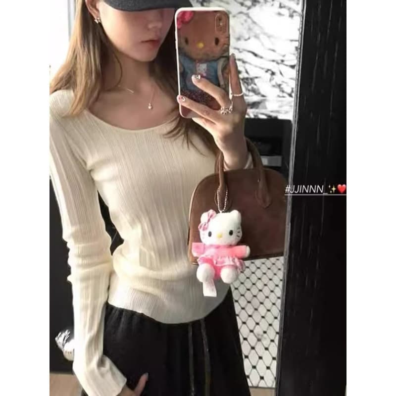 Camisa de fundo interno Off-White Pit listrado malhas de manga comprida camiseta feminina primavera outono decote em u d
