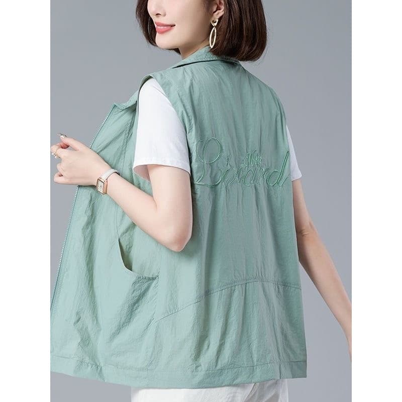 Colete protetor solar de lapela dupla feminino primavera verão fino pequeno curto mãe de meia-idade roupa exterior sem m