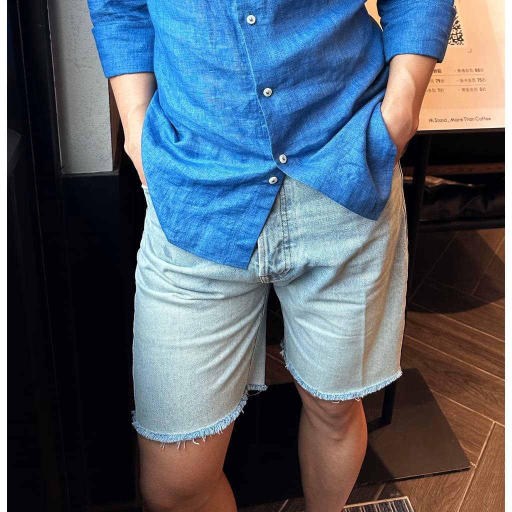 Clássico lavado azul fosco branco masculino meados de cintura denim Shorts verão moda simples denim calças de perna médi