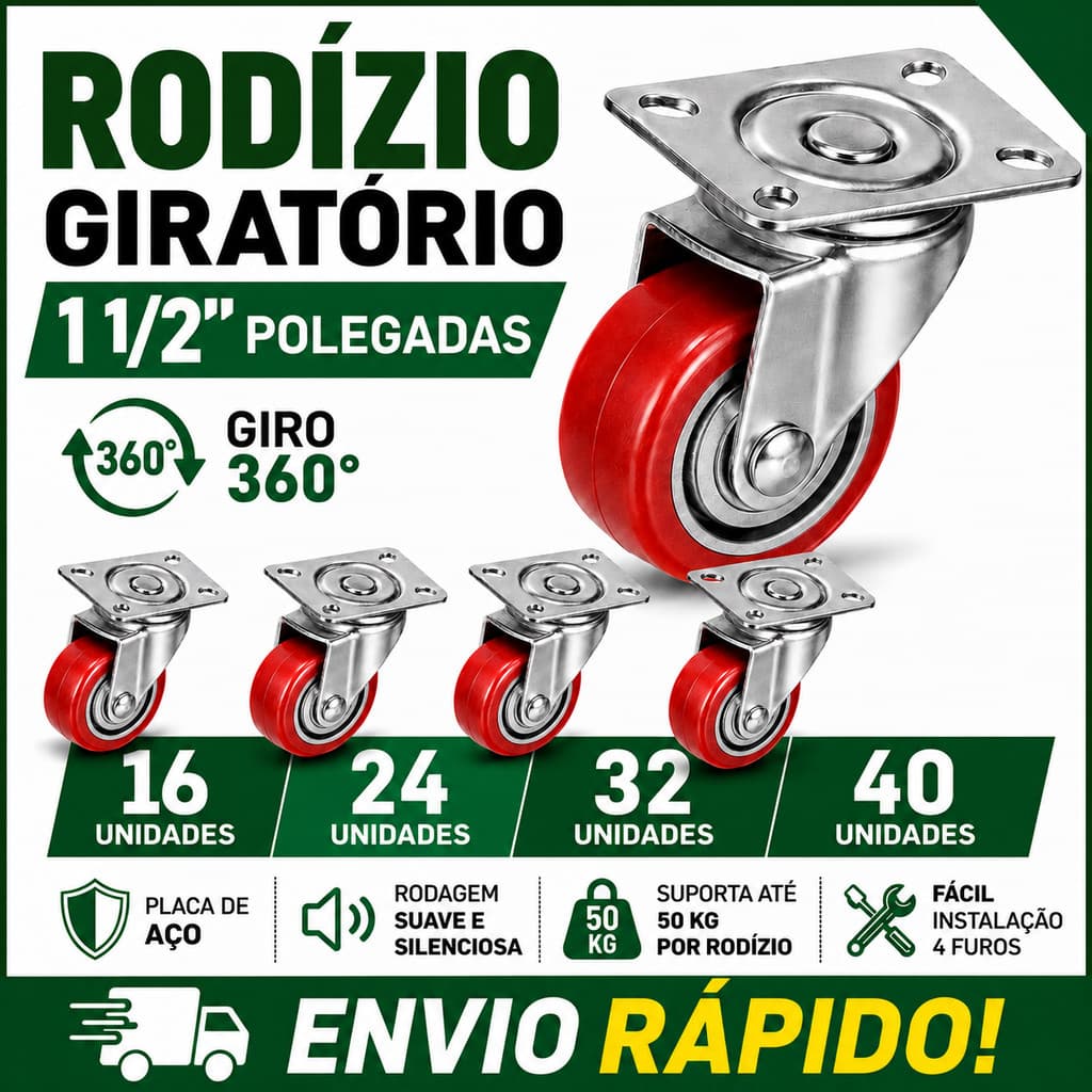 Jogo 40 Rodízio 1.1/2 Com Placa Giratória Rodinha Para Estante Bancada Rodisio Duravel