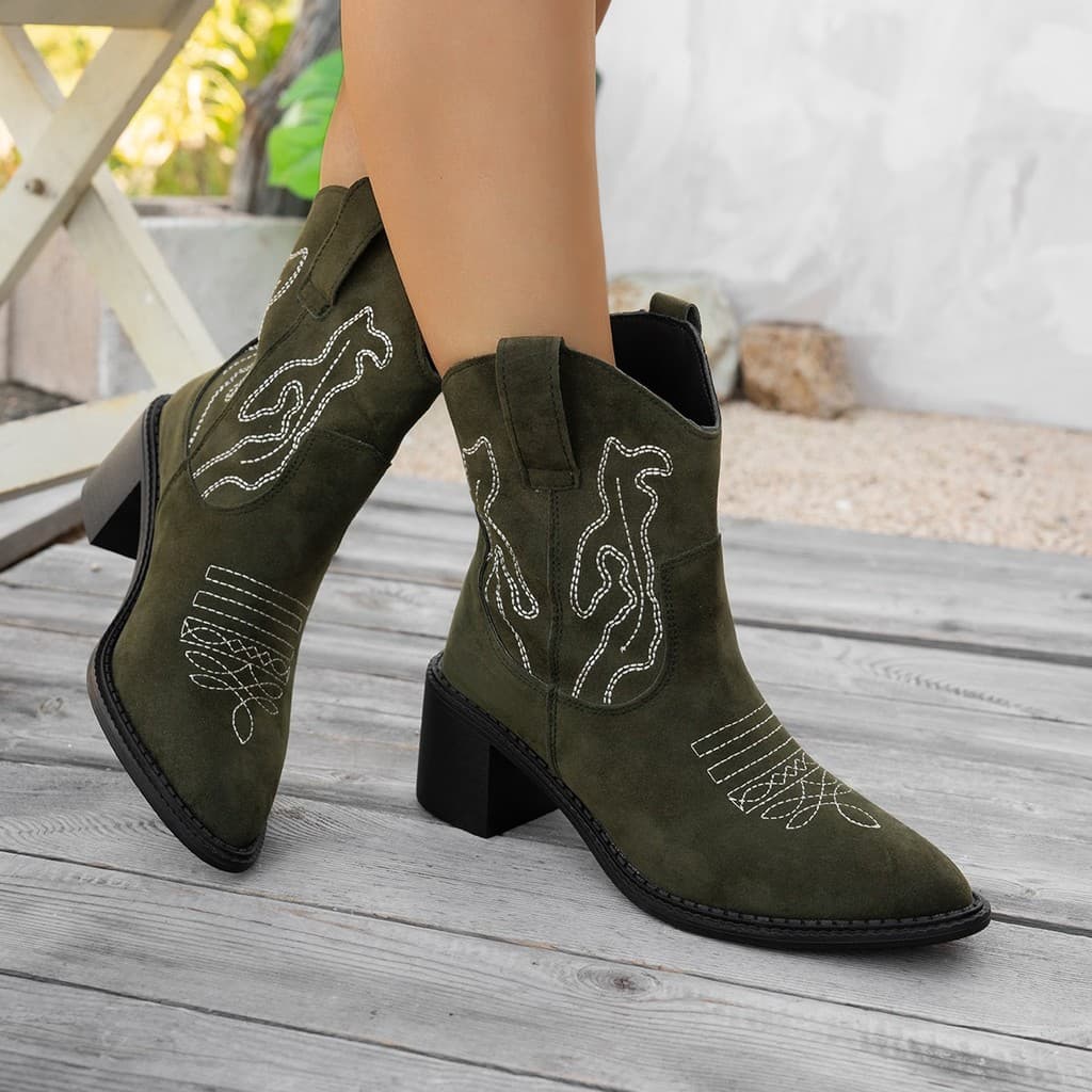 Pronto estoque Botas de Cowboy ocidentais femininas bico fino salto grosso bordado botas curtas femininas botas de caval