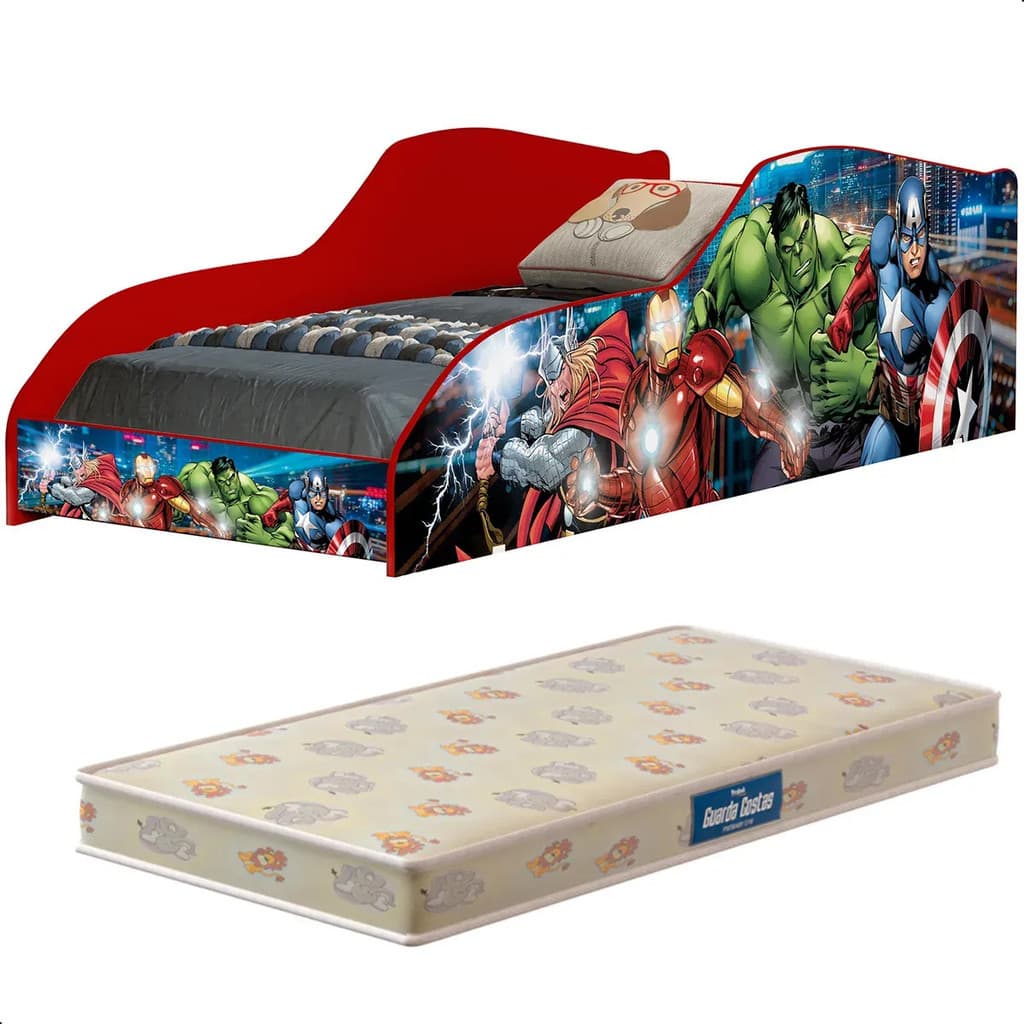 Cama Infantil Os Vingadores Com Colchão Grade De Proteção Mdf Para Quarto De Menino Vermelho