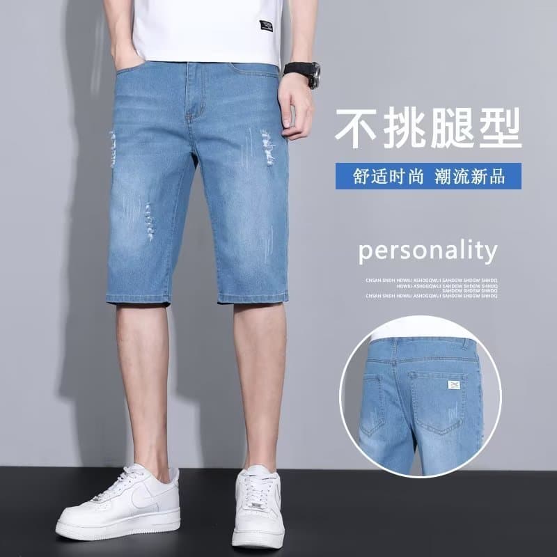 Shorts Jeans masculino verão fino reto novo estilo Street Wear Jeans de comprimento médio de cinco pontos