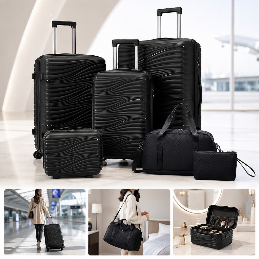 Kit 6 Malas PP 13/20/24/28 Pol c/ Necessaire - Conjunto Bordo/Mão/Grande - Preto