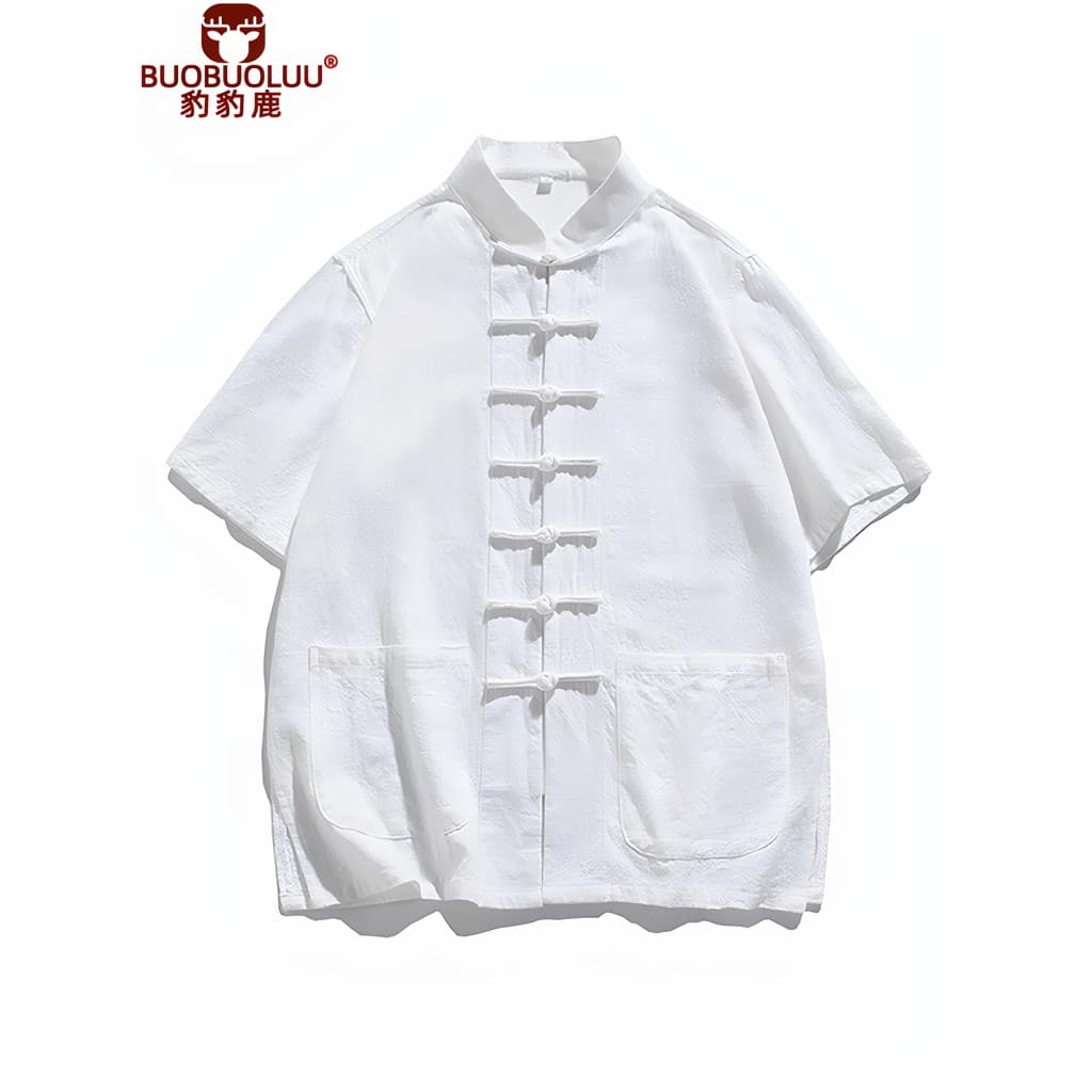 Camiseta de linho de verão de manga curta masculina Tang terno camisa de linho estilo chinês abotoado topo solto tamanho