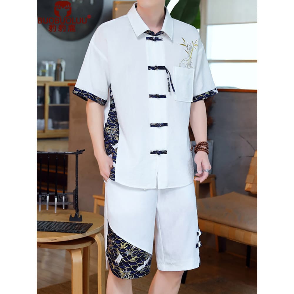 Estilo chinês Tang terno de manga curta fivela terno masculino verão Hanfu gelo seda camiseta Shorts soltos traje da juv