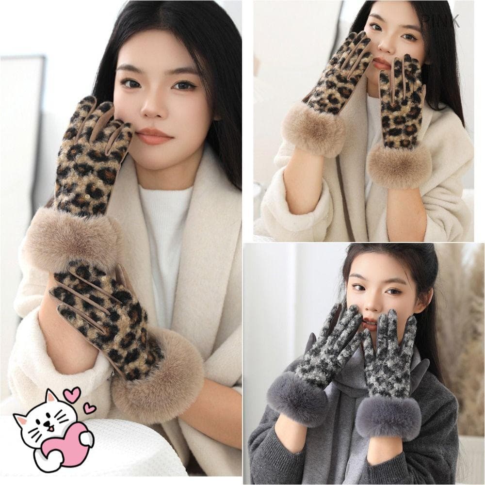PINK1 Luvas Femininas , Imitação De Lã De Cordeiro , Pulsos Peludos , Com Estampa De Leopardo De Inverno Quentes