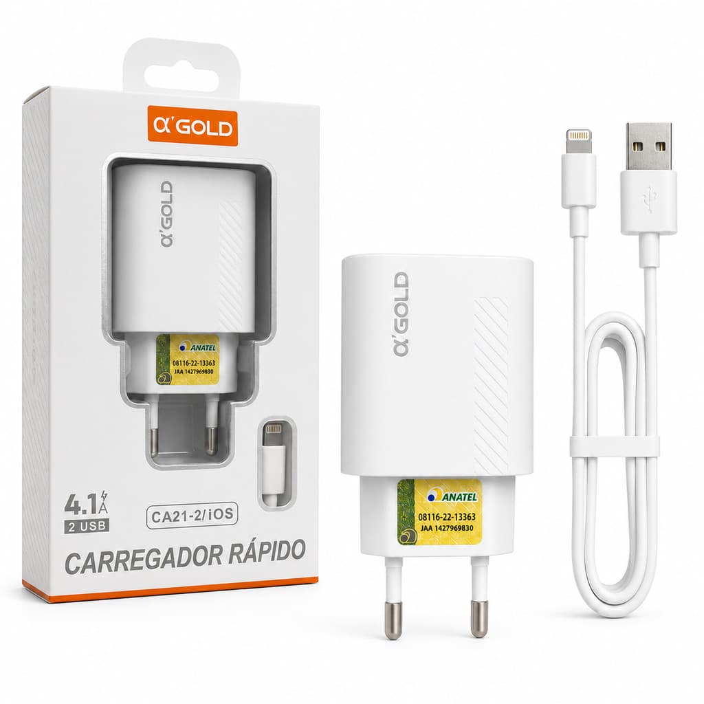 Carregador Rápido de Celular  2 USB para iPhone com Cabo Lightning | Tipo-C