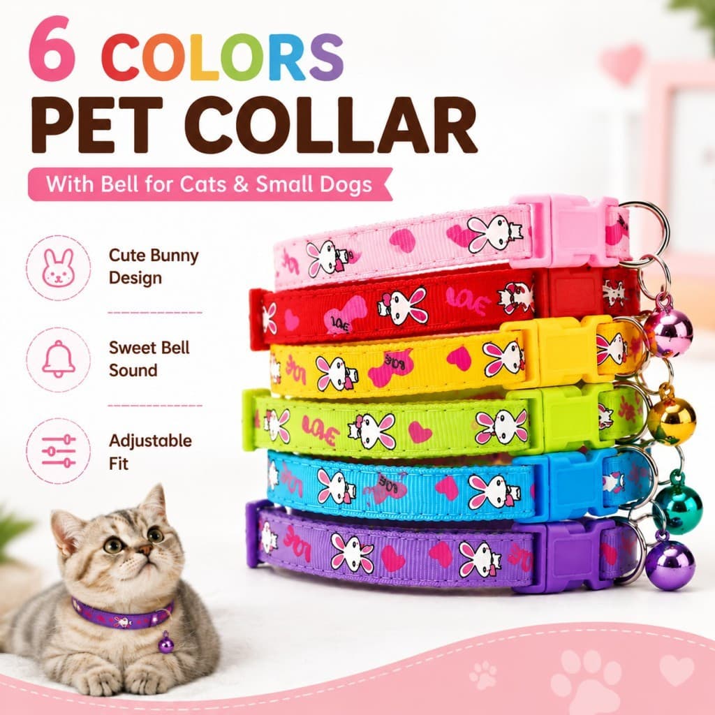 Conjunto de 6 Coleiras para Gatos com Sino, Padrão de Coelho Fofo, Coleira Ajustável para Gatos e Cães Pequenos