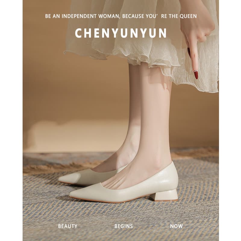 [Chen Yunyun] Sapatos femininos de salto alto estilo francês, salto grosso, profissional, estilo noturno, suave, salto b