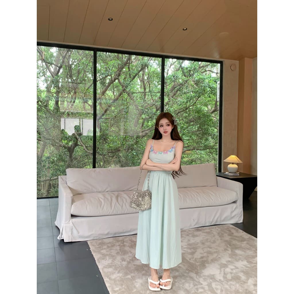 PPHOME Estilo Férias Verde Menta Tridimensional Borboleta Sling Vestido Feminino Verão Temperamento Cintura Estreita Hal