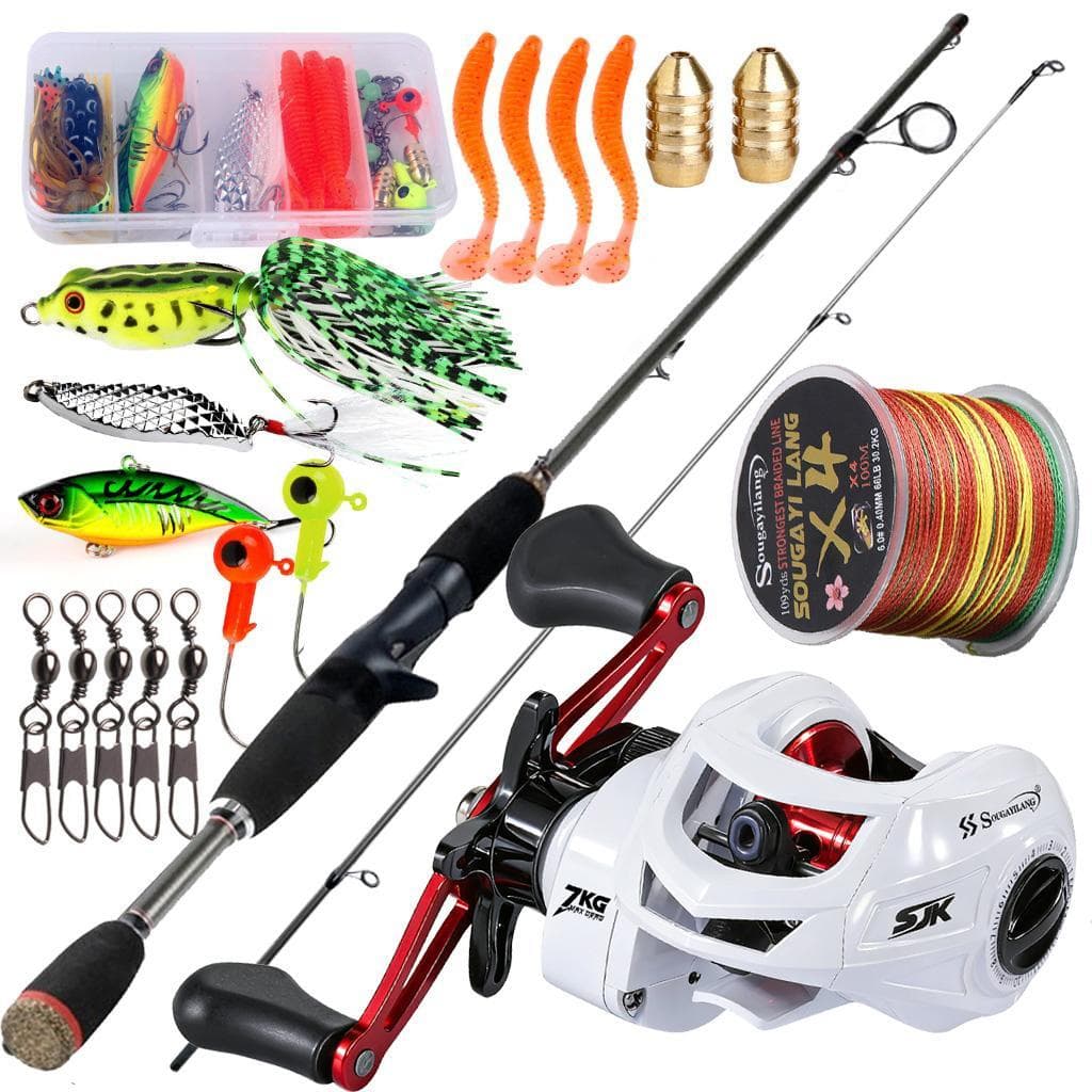 Kit de Pescaria Sougayilang Vara de pesca 1.80m 2 seções + Carretilha de pesca 7.2:1 + Linha de pesca + Isca de pesca